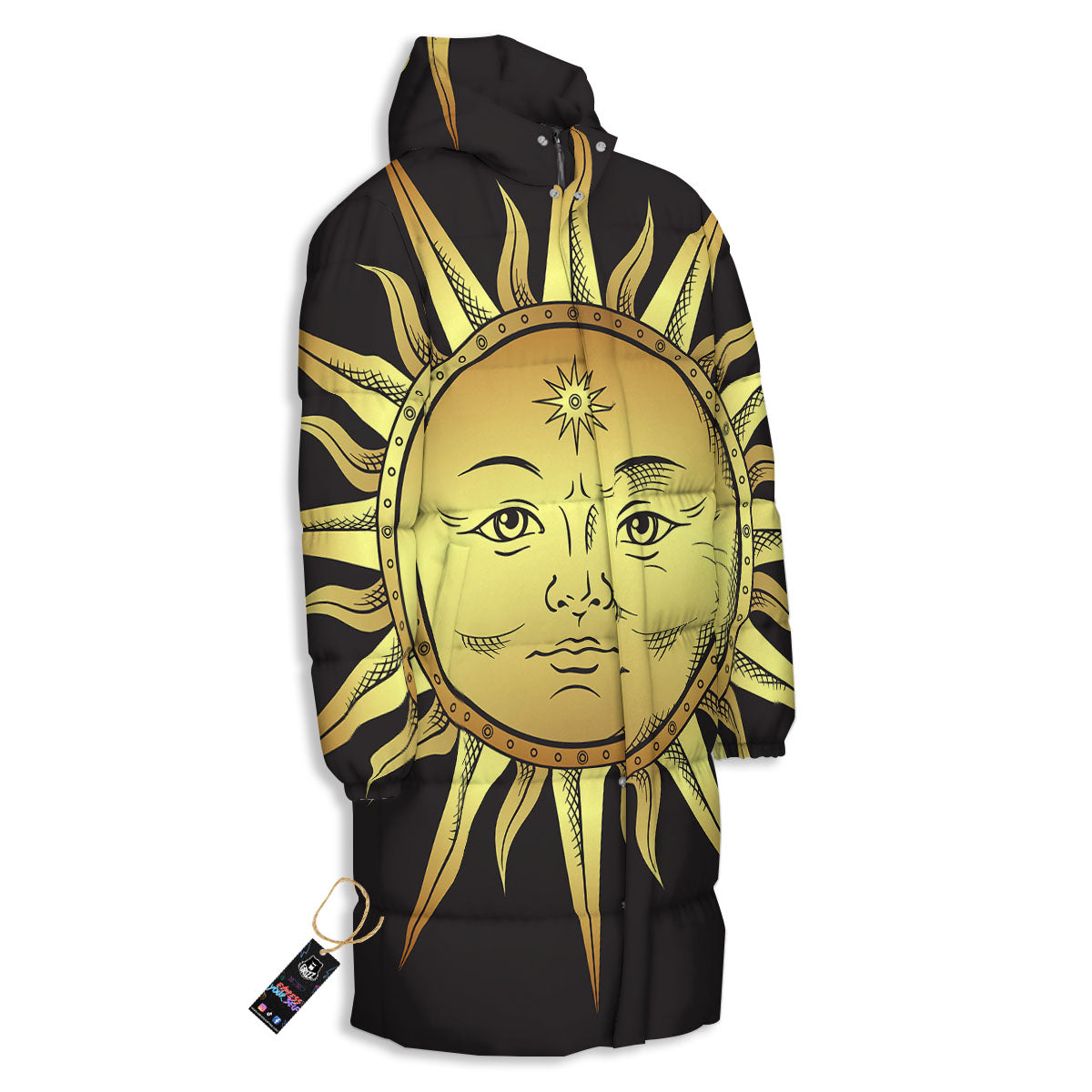 Celestial Sun Gold And Black Print Long Down Jacket