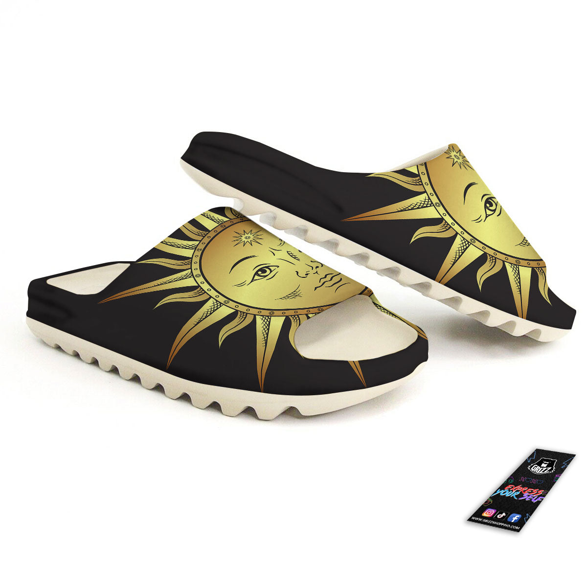 Celestial Sun Gold And Black Print Sandals-grizzshop