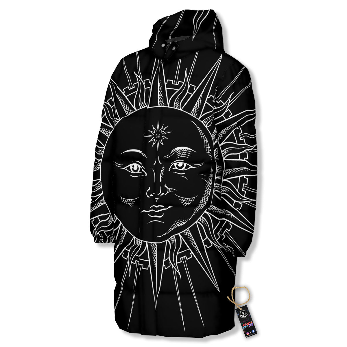 Celestial Sun White And Black Print Long Down Jacket