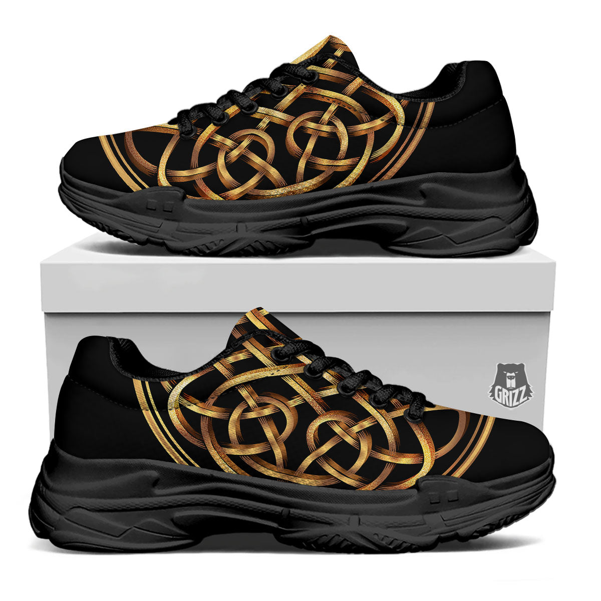 Celtic Knot Golden Print Black Chunky Shoes-grizzshop