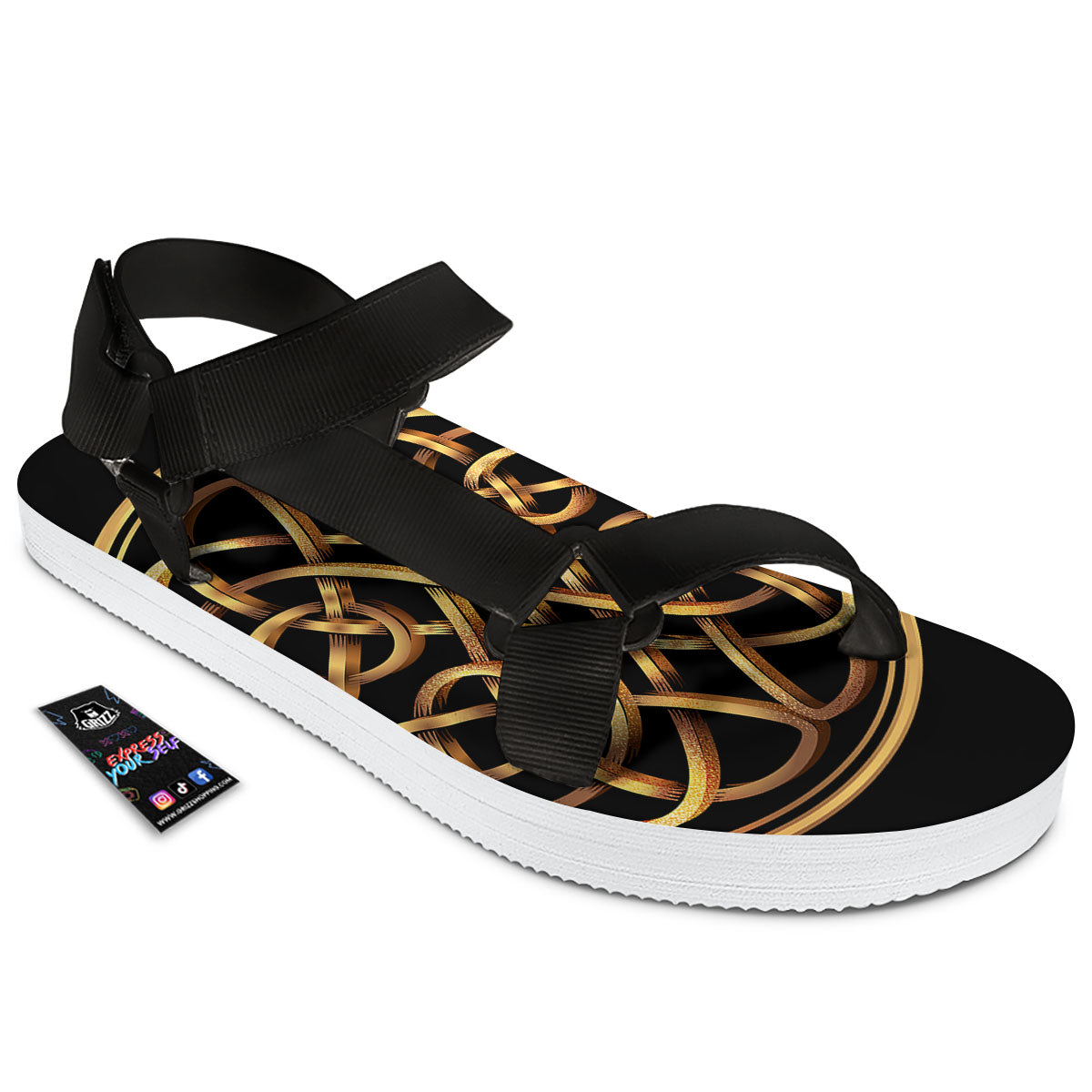 Celtic Knot Golden Print Black Open Toe Sandals-grizzshop