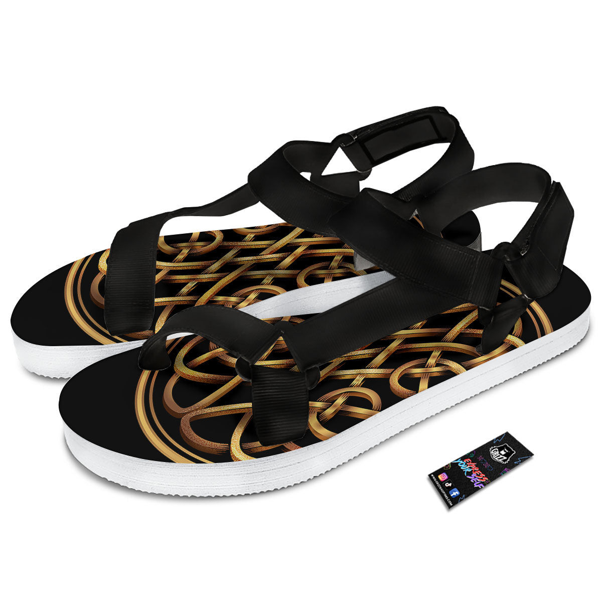 Celtic Knot Golden Print Black Open Toe Sandals-grizzshop