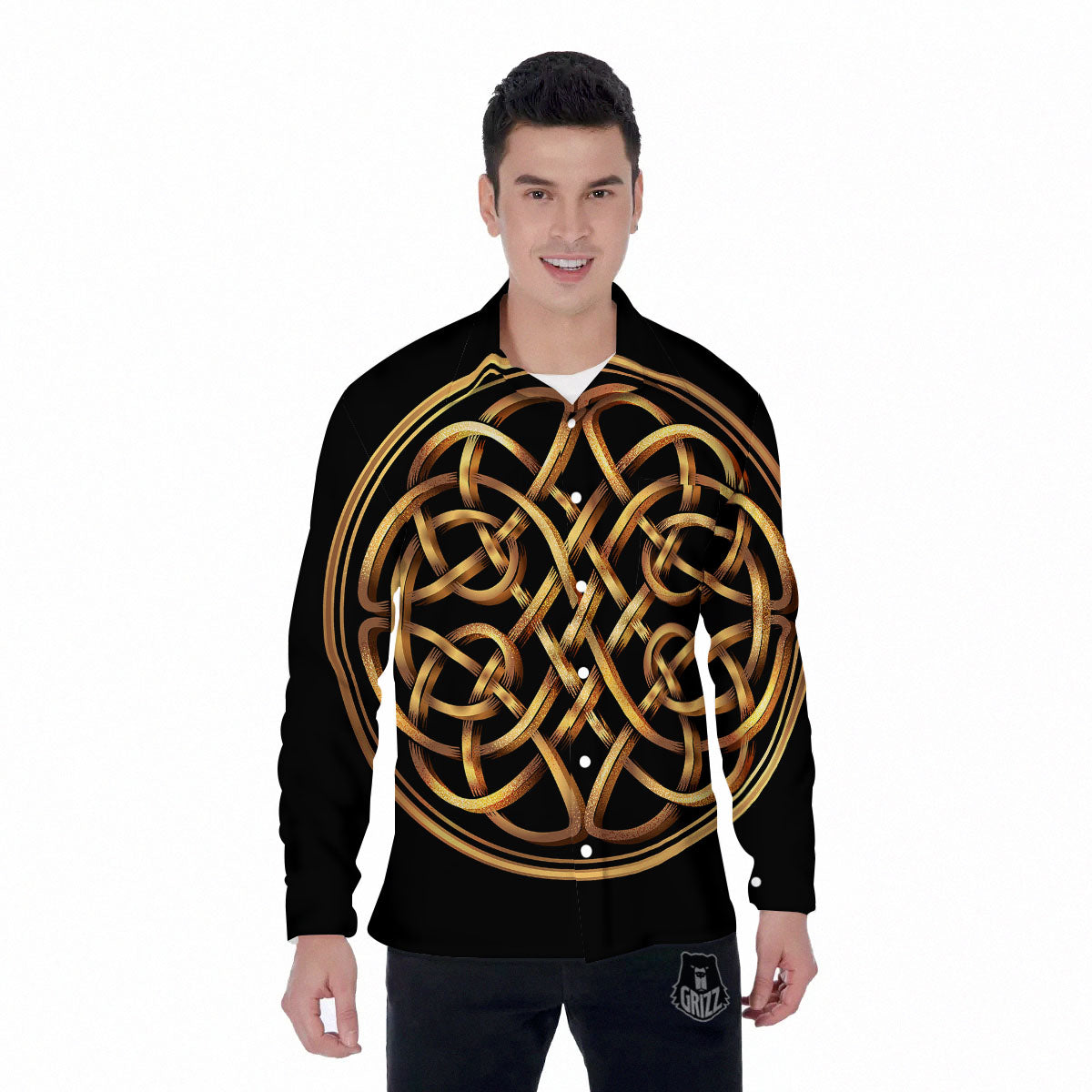 Celtic Knot Golden Print Men's Long Sleeve Shirts-grizzshop