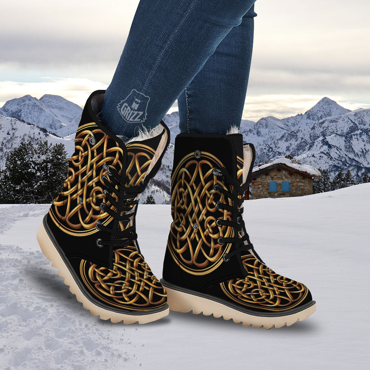 Celtic Knot Golden Print Snow Boots-grizzshop