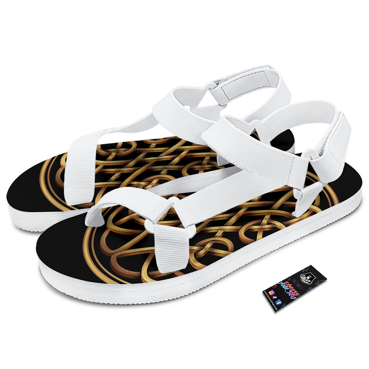 Celtic Knot Golden Print White Open Toe Sandals-grizzshop