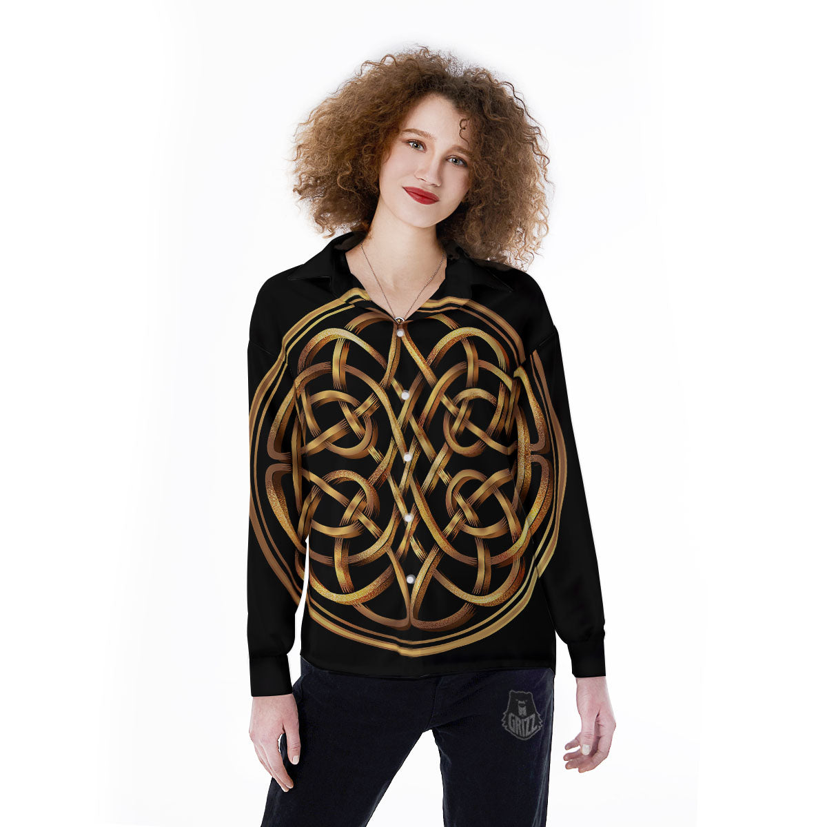 Celtic Knot Golden Print Women's Long Sleeve Shirts-grizzshop
