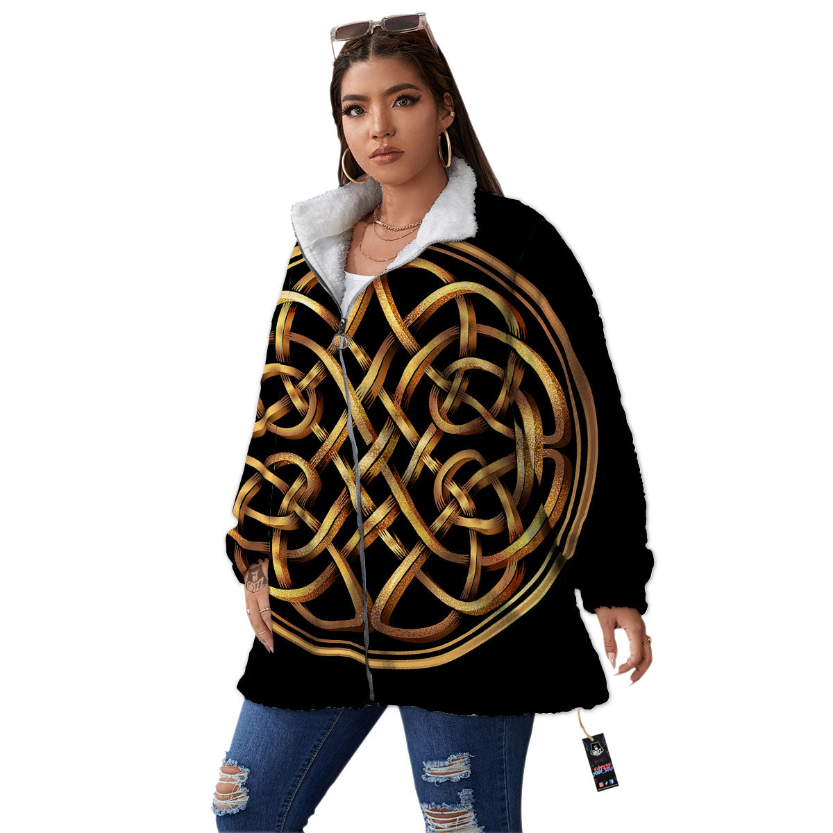 Celtic Knot Golden Print Women's Sherpa Jacket-grizzshop