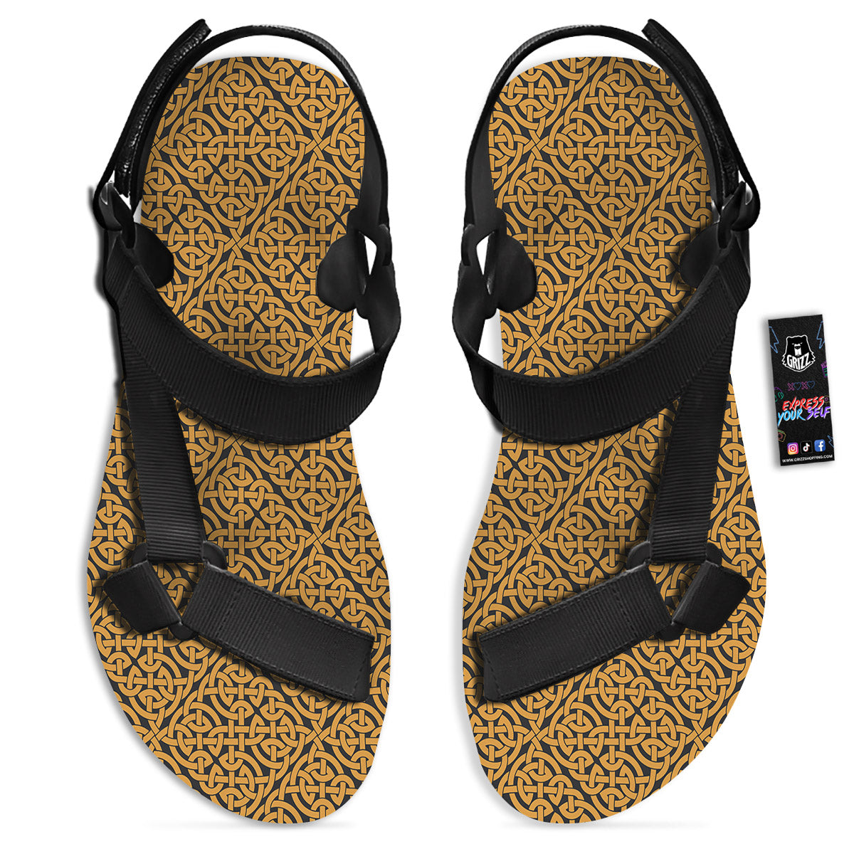 Celtic Knot Print Pattern Black Open Toe Sandals-grizzshop