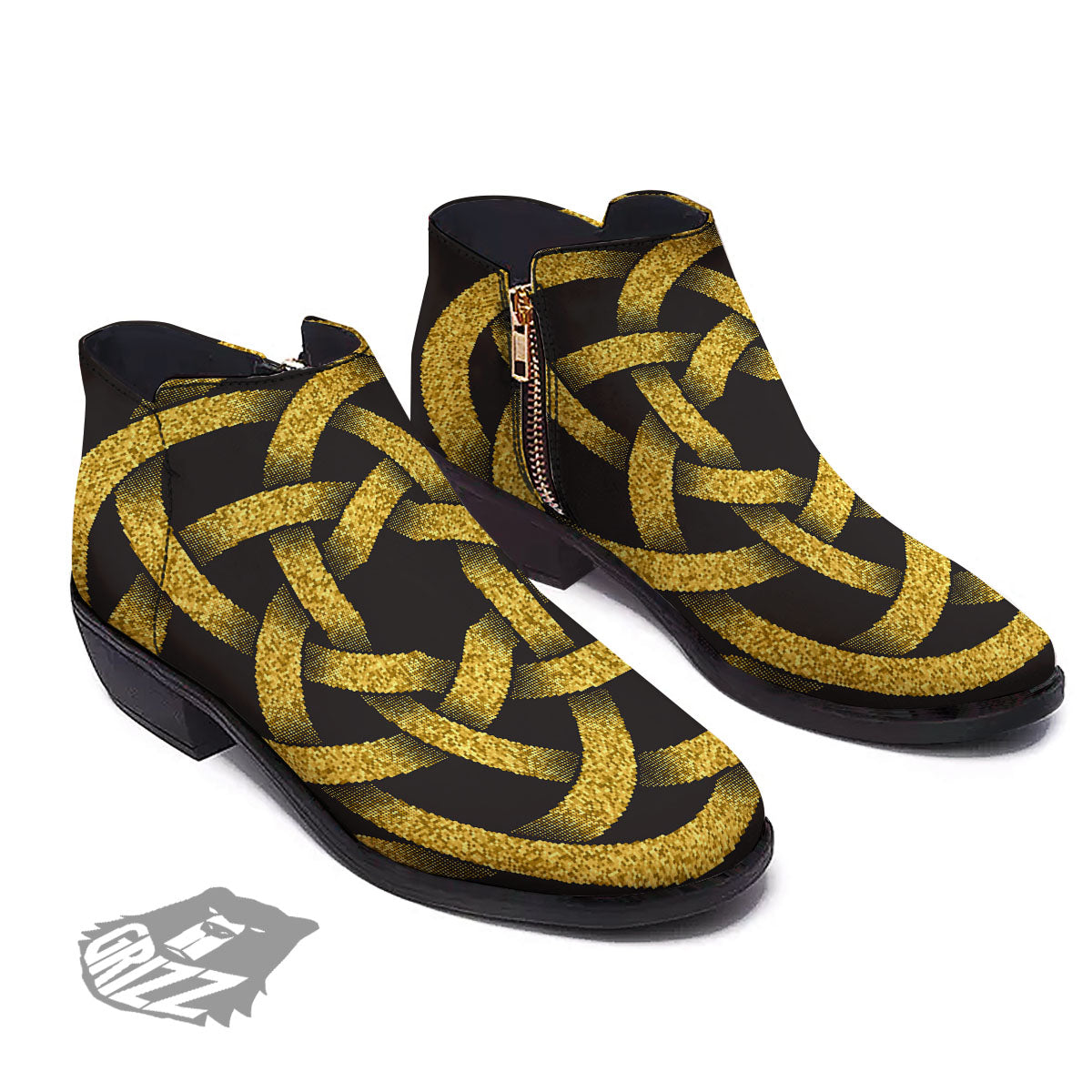 Celtic Knot Symbol Gold Circle Print Ankle Boots-grizzshop