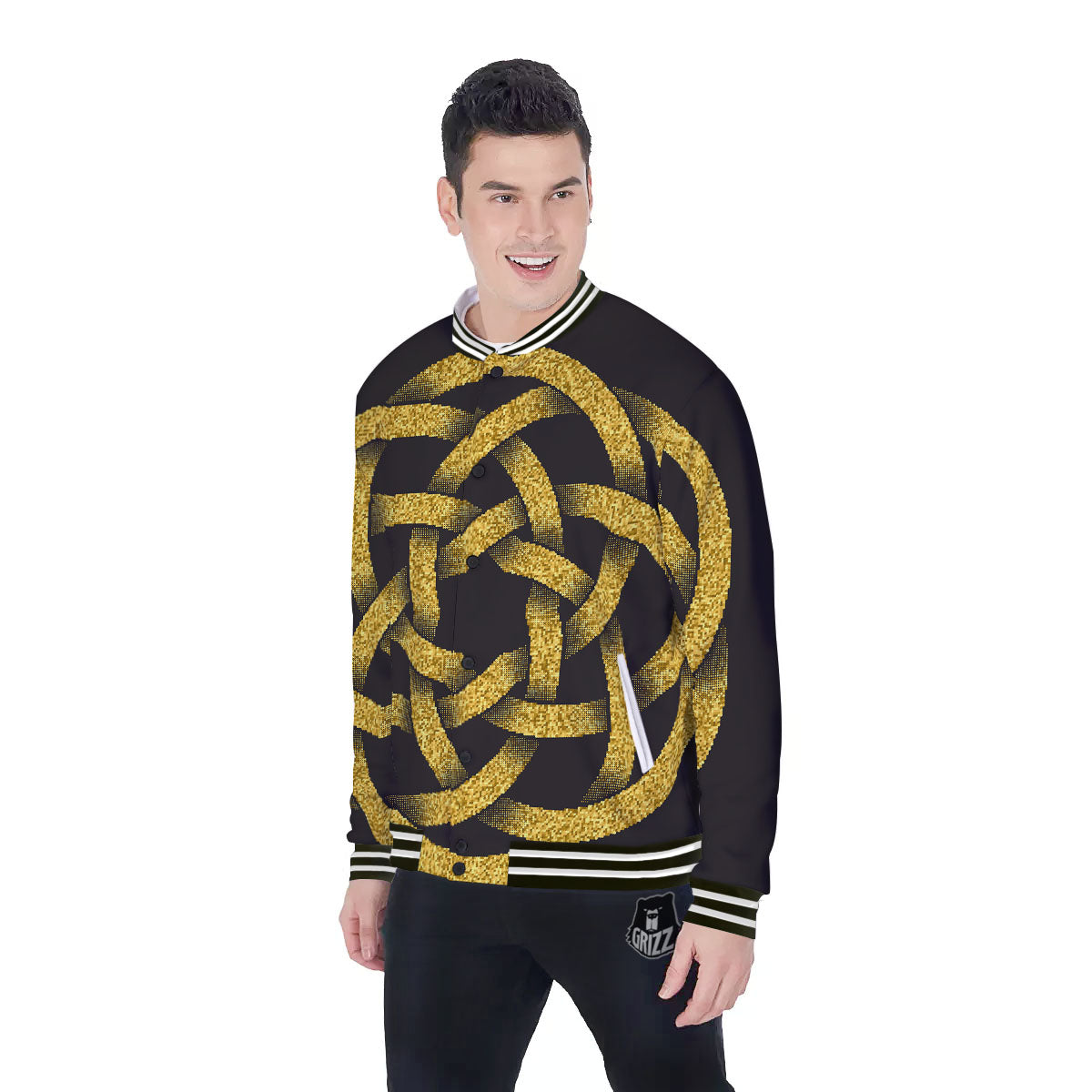 Celtic Knot Symbol Gold Circle Print Baseball Jacket-grizzshop