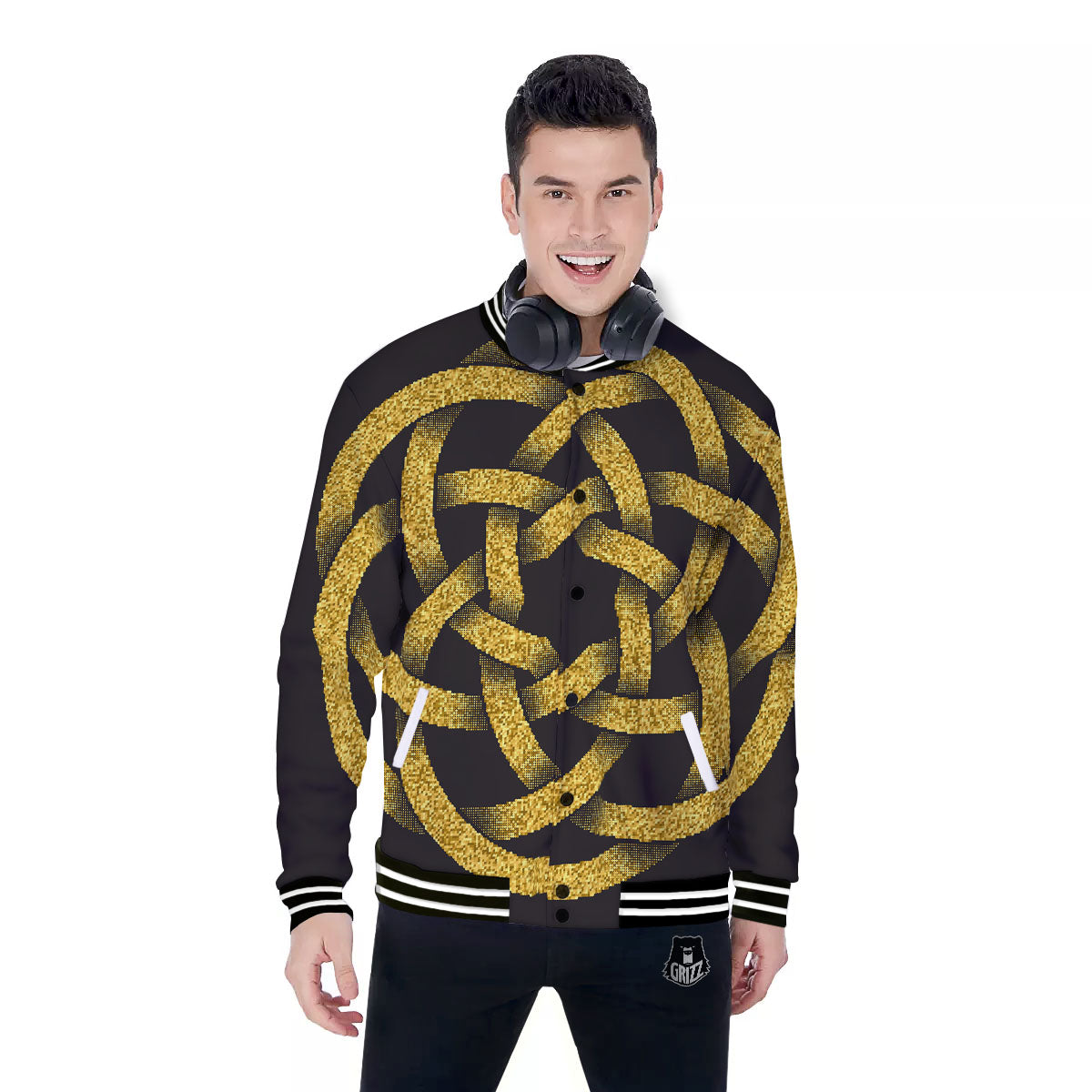 Celtic Knot Symbol Gold Circle Print Baseball Jacket-grizzshop