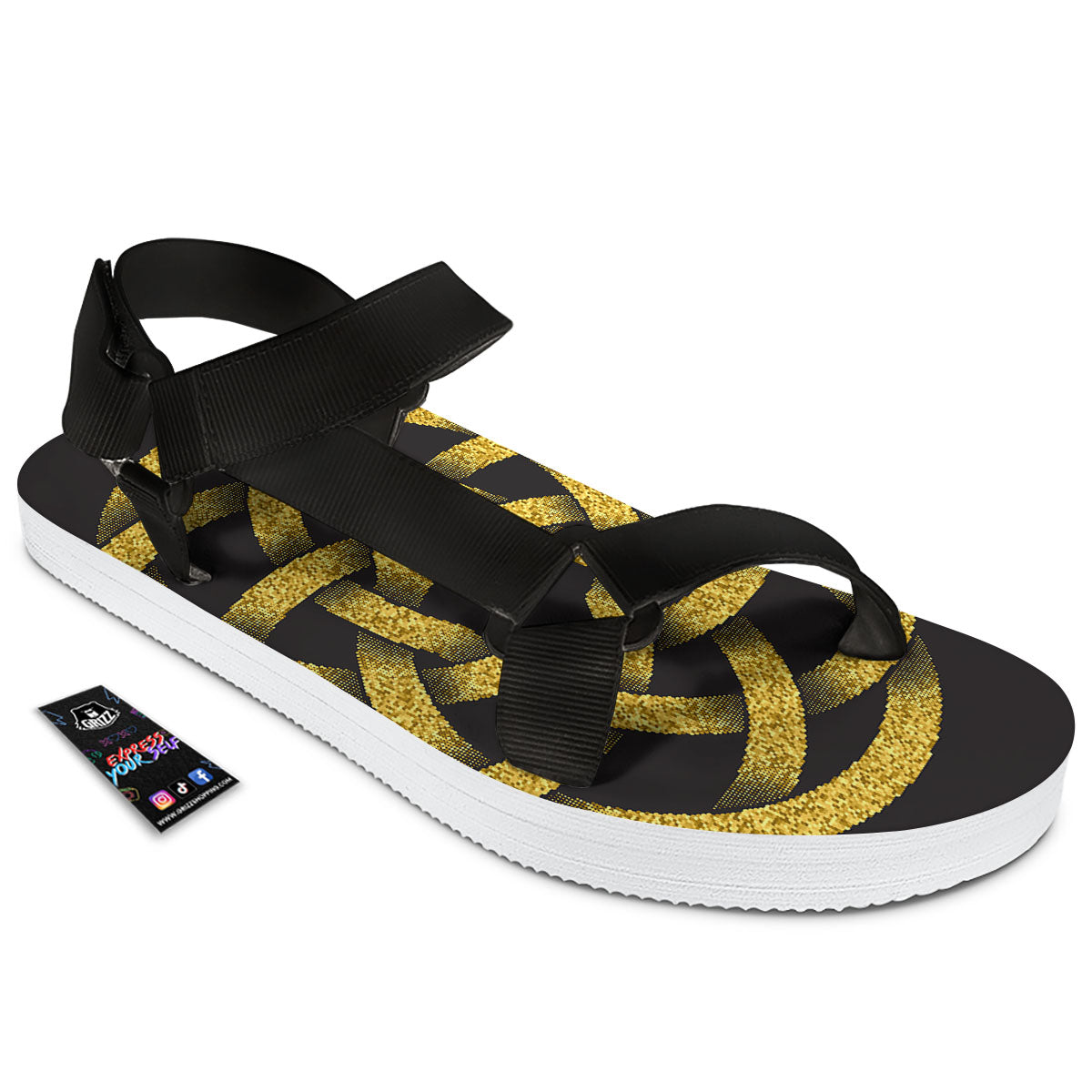 Celtic Knot Symbol Gold Circle Print Black Open Toe Sandals-grizzshop
