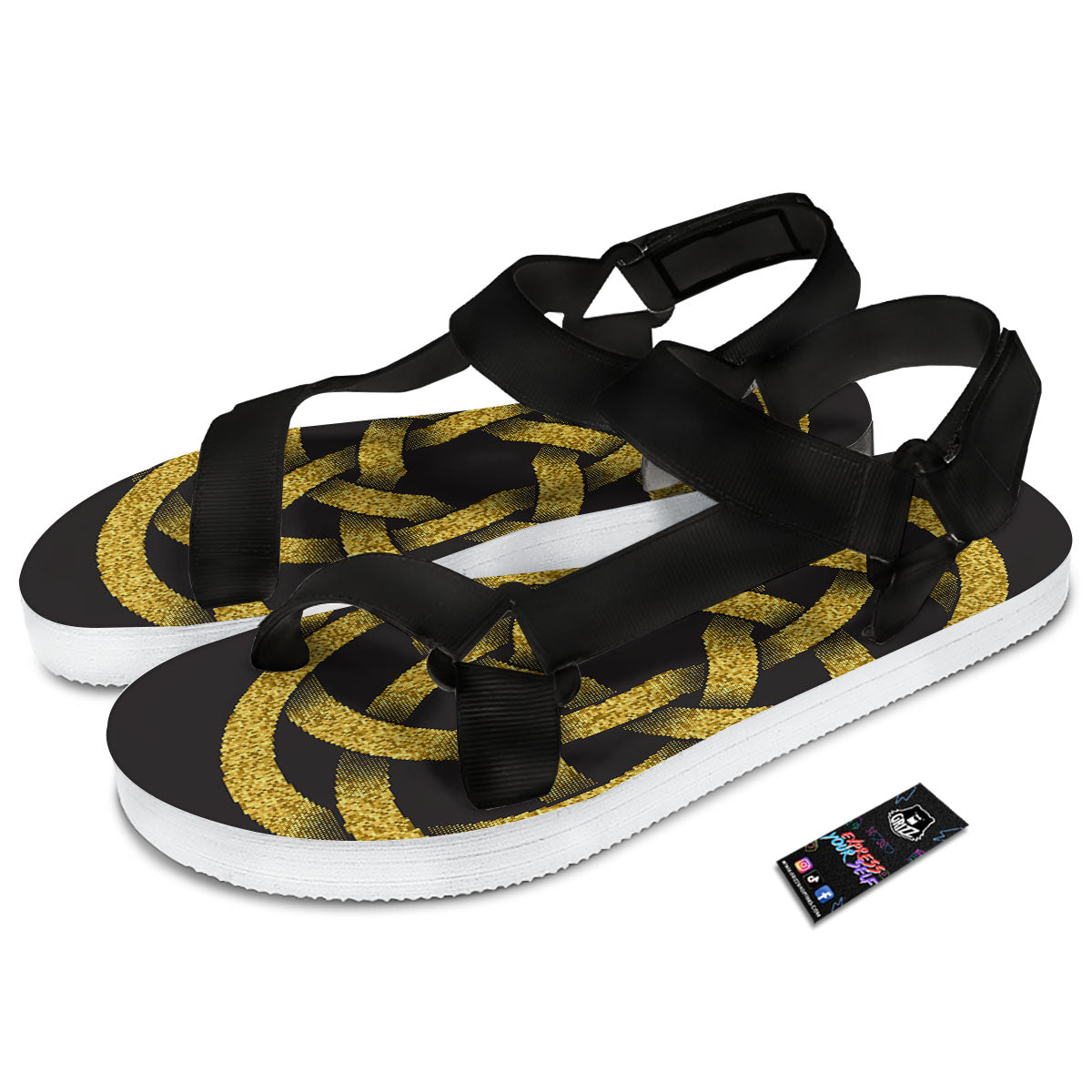 Celtic Knot Symbol Gold Circle Print Black Open Toe Sandals-grizzshop