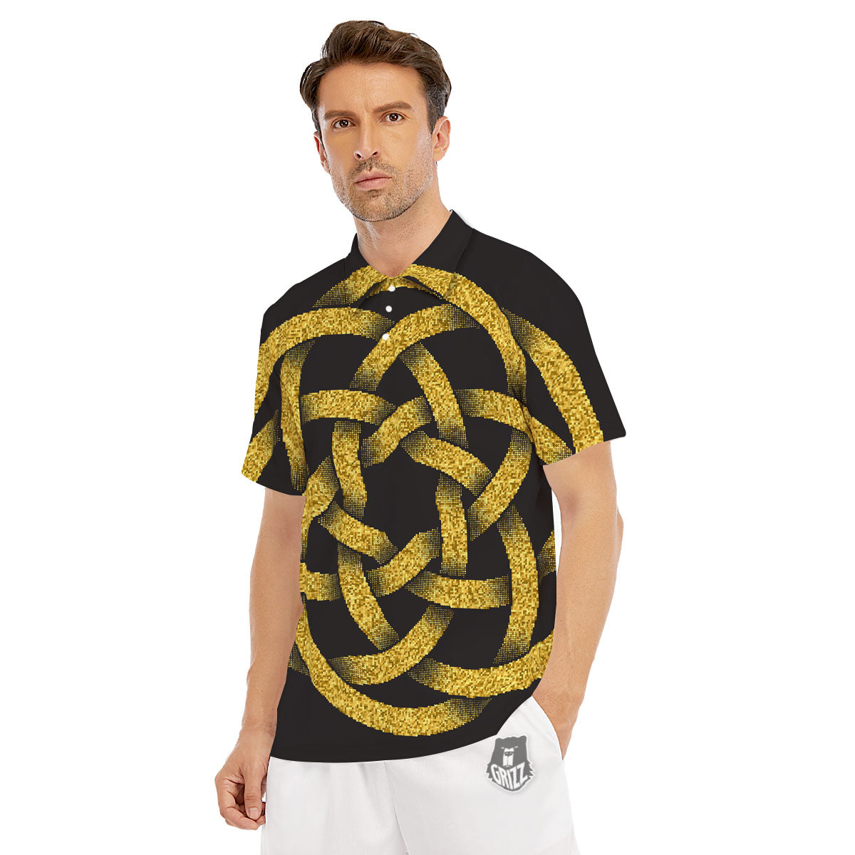 Celtic Knot Symbol Gold Circle Print Men's Golf Shirts-grizzshop