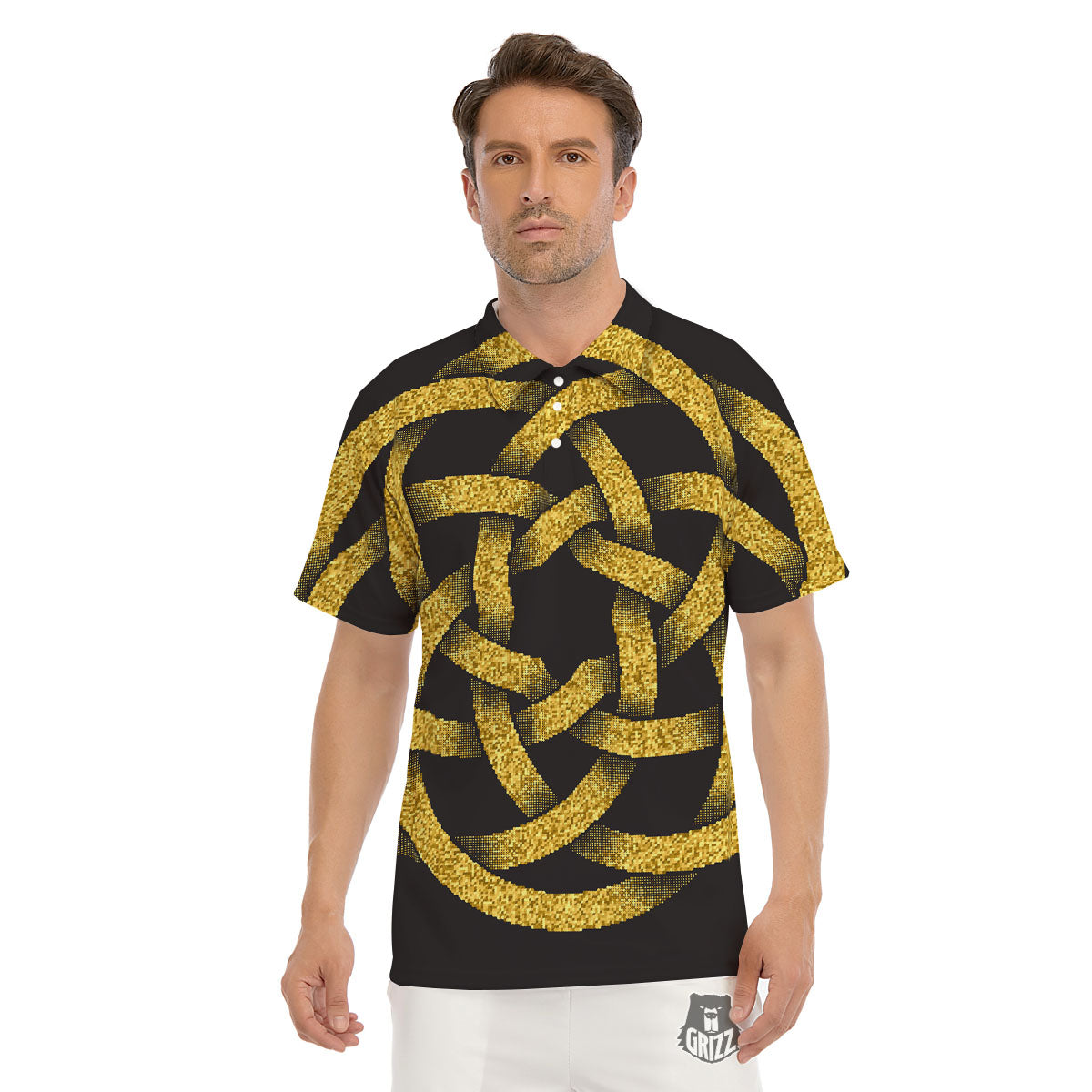 Celtic Knot Symbol Gold Circle Print Men's Golf Shirts-grizzshop