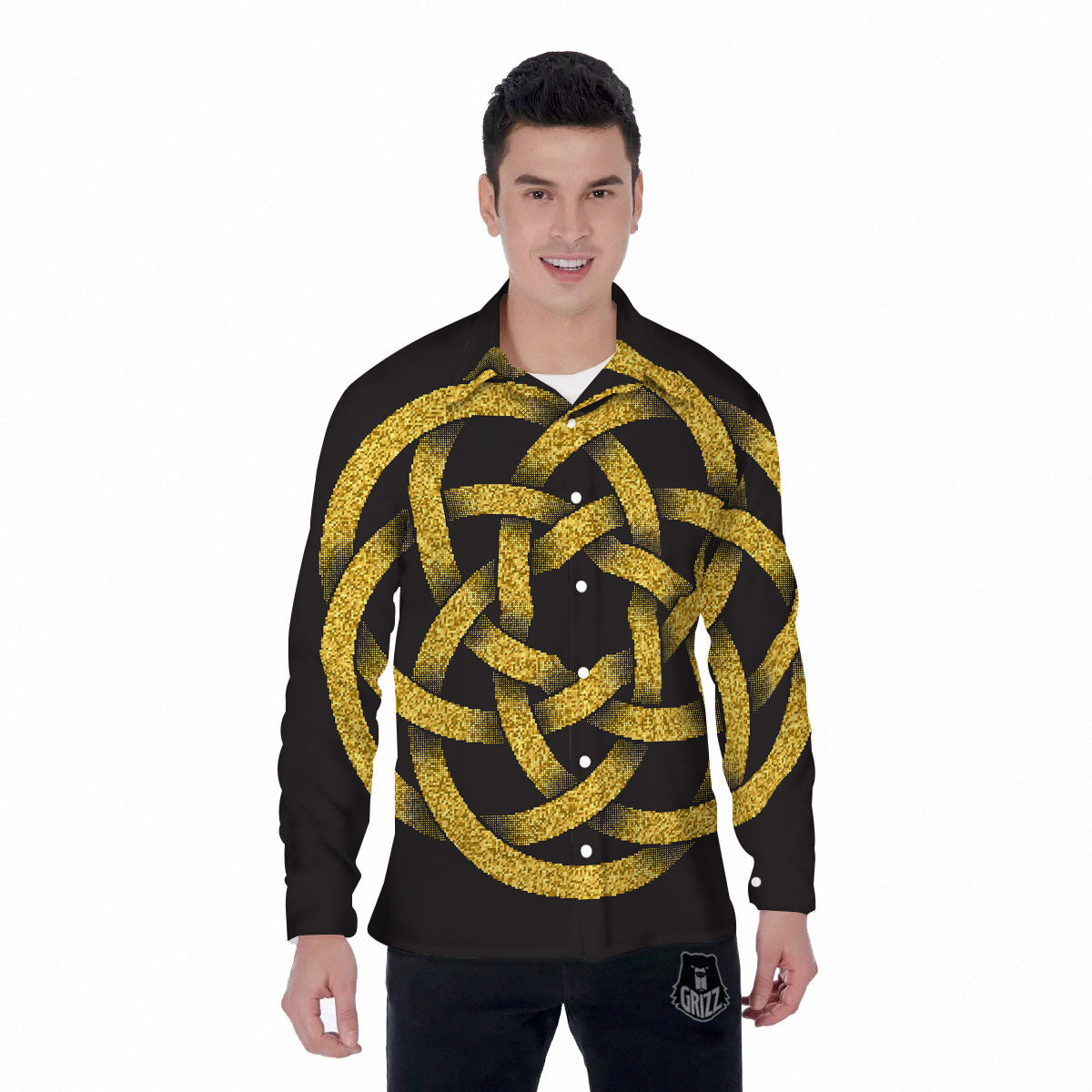 Celtic Knot Symbol Gold Circle Print Men's Long Sleeve Shirts-grizzshop