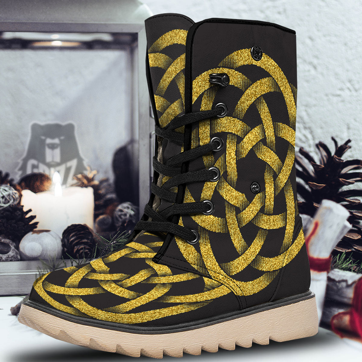 Celtic Knot Symbol Gold Circle Print Snow Boots-grizzshop