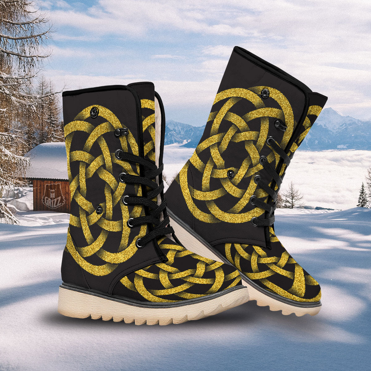 Celtic Knot Symbol Gold Circle Print Snow Boots-grizzshop