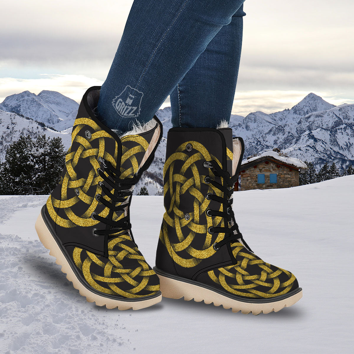 Celtic Knot Symbol Gold Circle Print Snow Boots-grizzshop