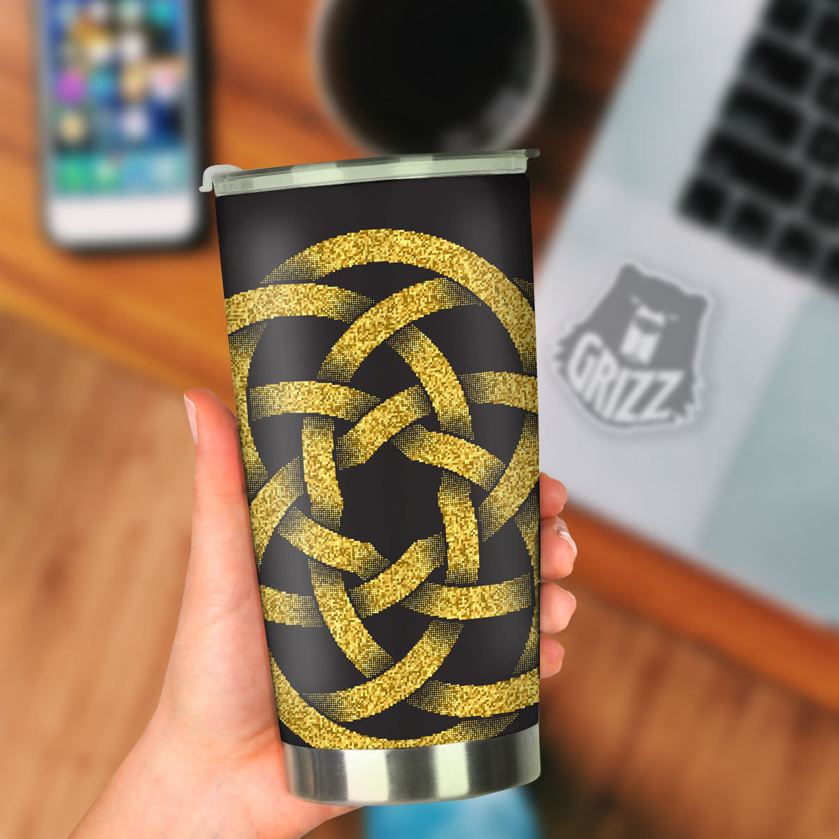 Celtic Knot Symbol Gold Circle Print Tumbler-grizzshop