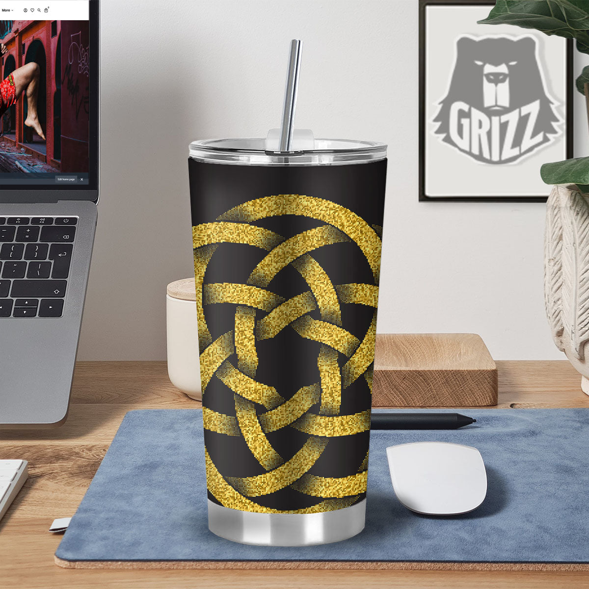 Celtic Knot Symbol Gold Circle Print Tumbler-grizzshop