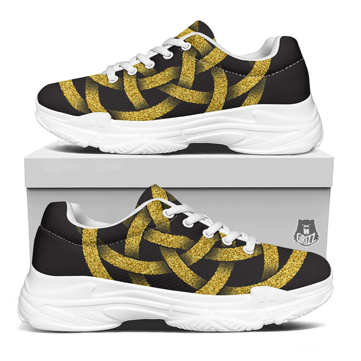 Celtic Knot Symbol Gold Circle Print White Chunky Shoes-grizzshop