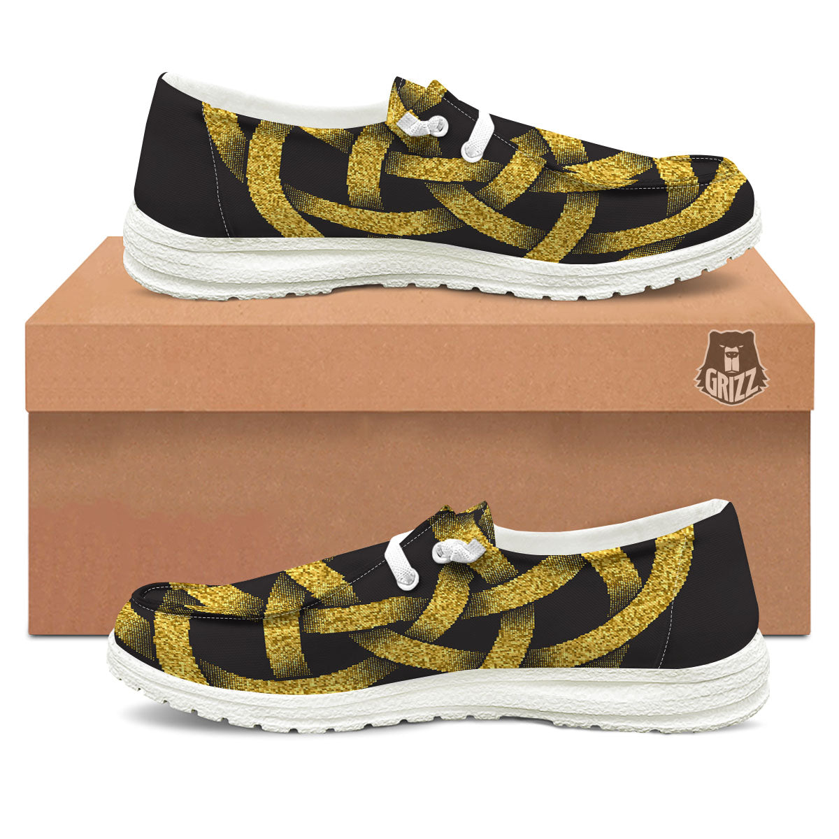 Celtic Knot Symbol Gold Circle Print White Loafers-grizzshop