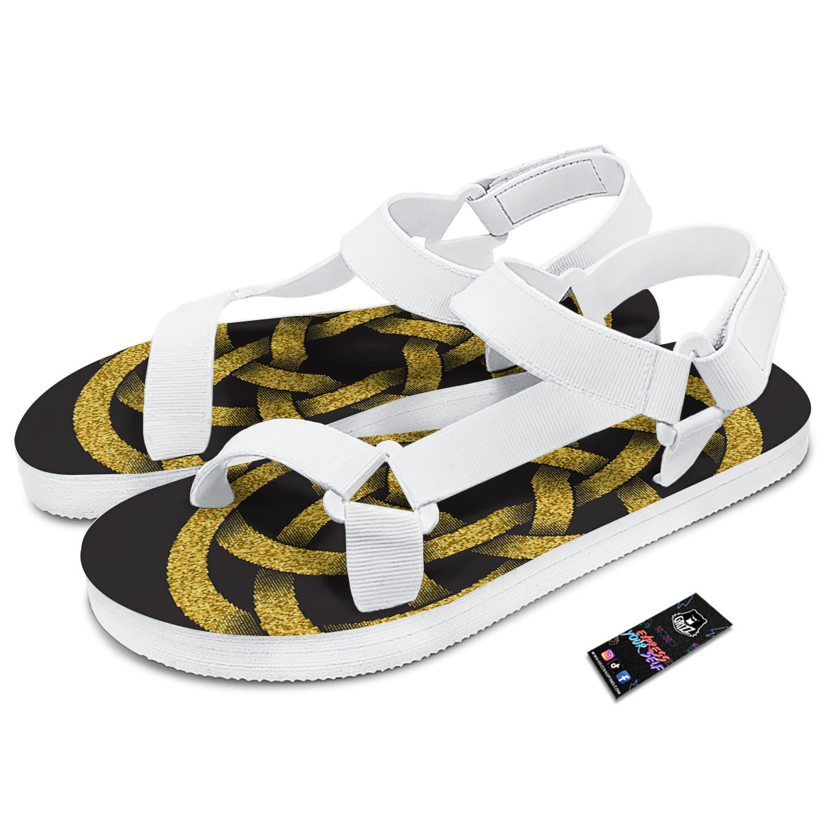 Celtic Knot Symbol Gold Circle Print White Open Toe Sandals-grizzshop