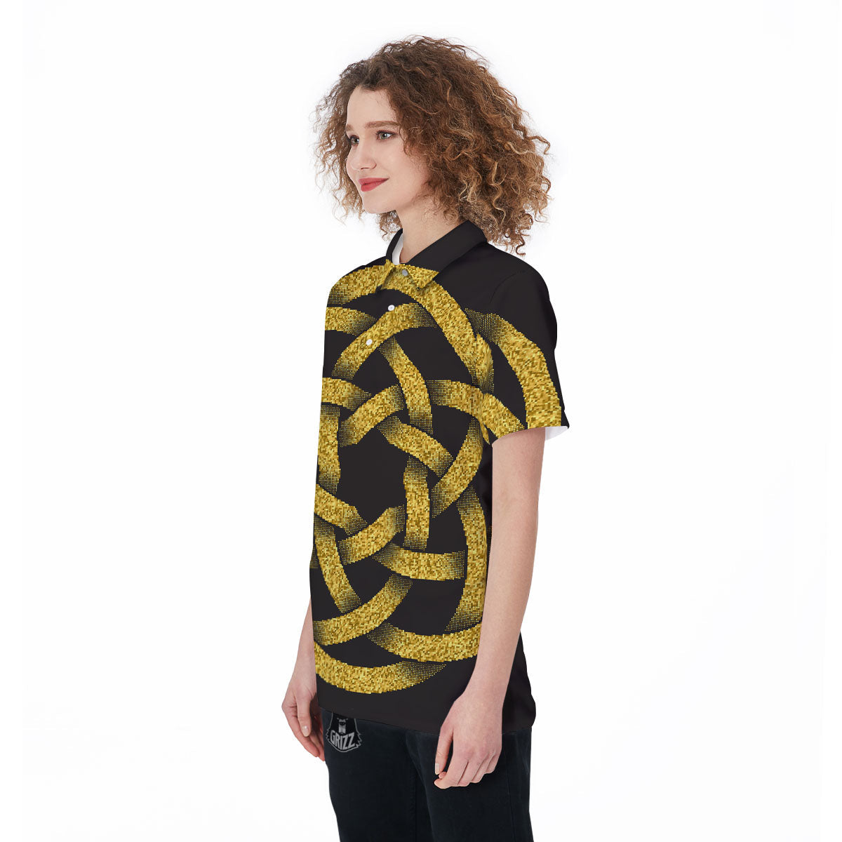 Celtic Knot Symbol Gold Circle Print Women's Golf Shirts-grizzshop