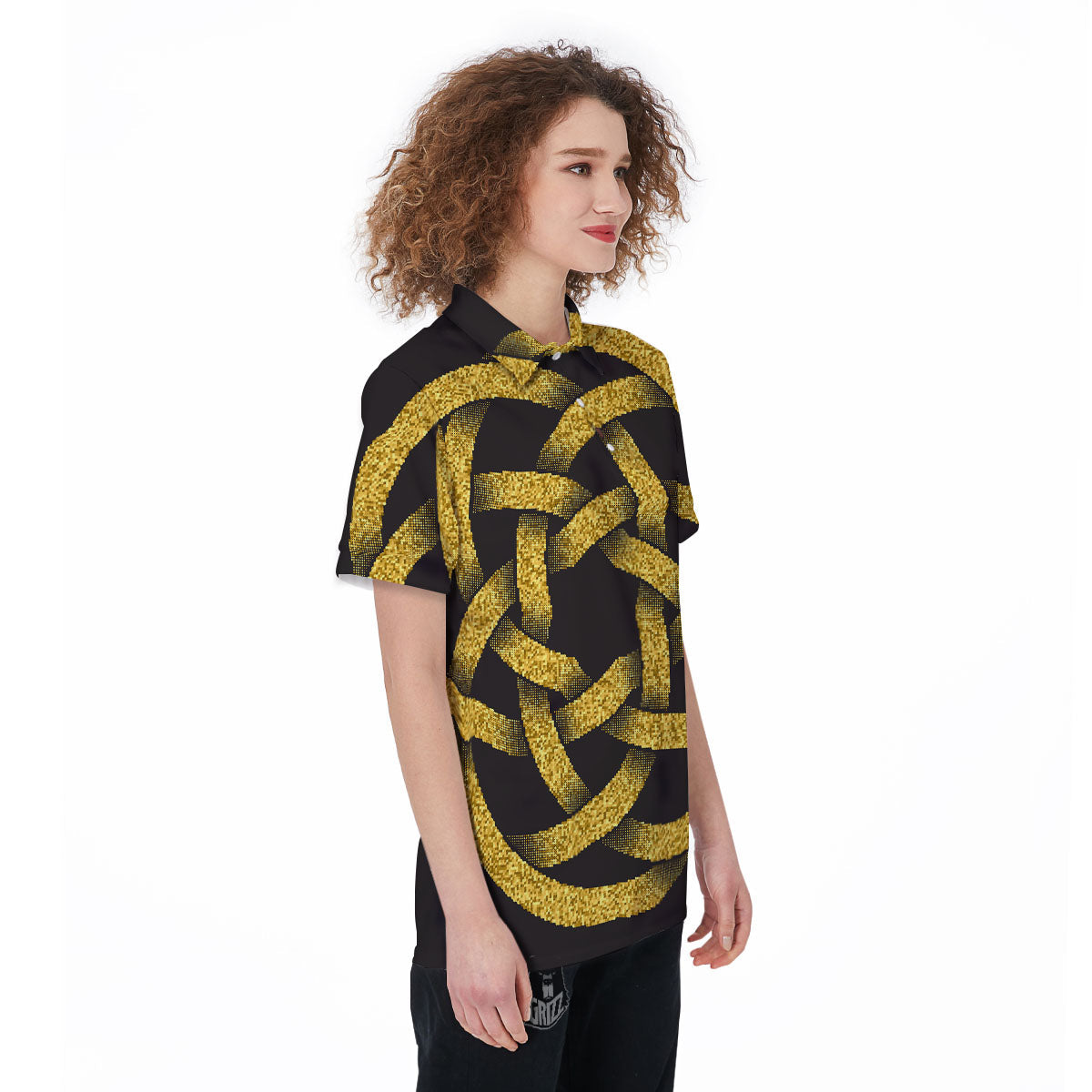 Celtic Knot Symbol Gold Circle Print Women's Golf Shirts-grizzshop