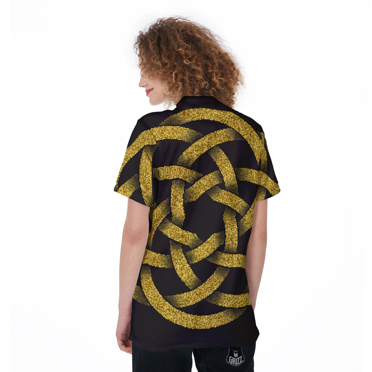 Celtic Knot Symbol Gold Circle Print Women's Golf Shirts-grizzshop