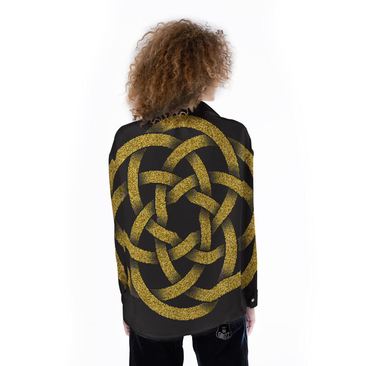 Celtic Knot Symbol Gold Circle Print Women's Long Sleeve Shirts-grizzshop
