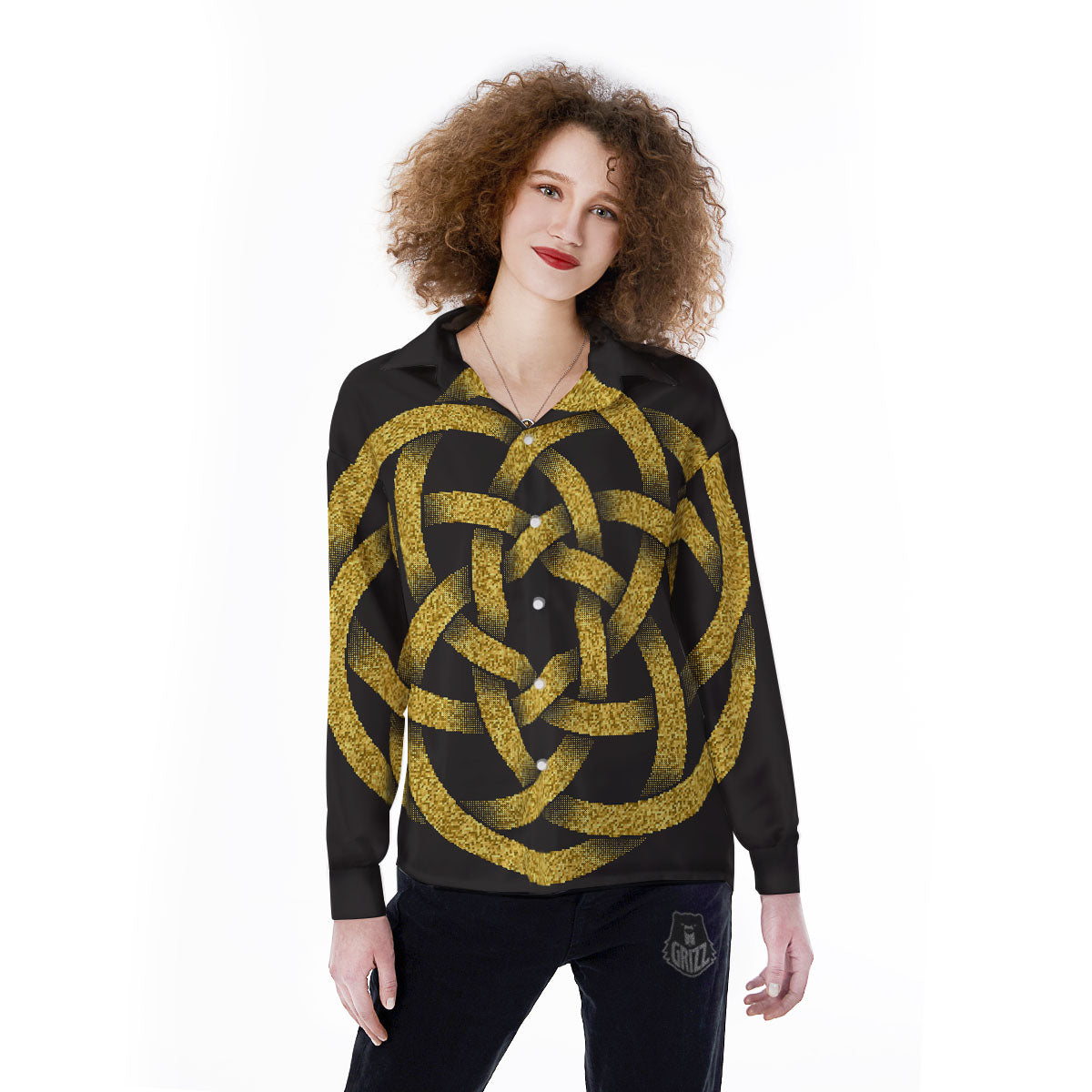 Celtic Knot Symbol Gold Circle Print Women's Long Sleeve Shirts-grizzshop