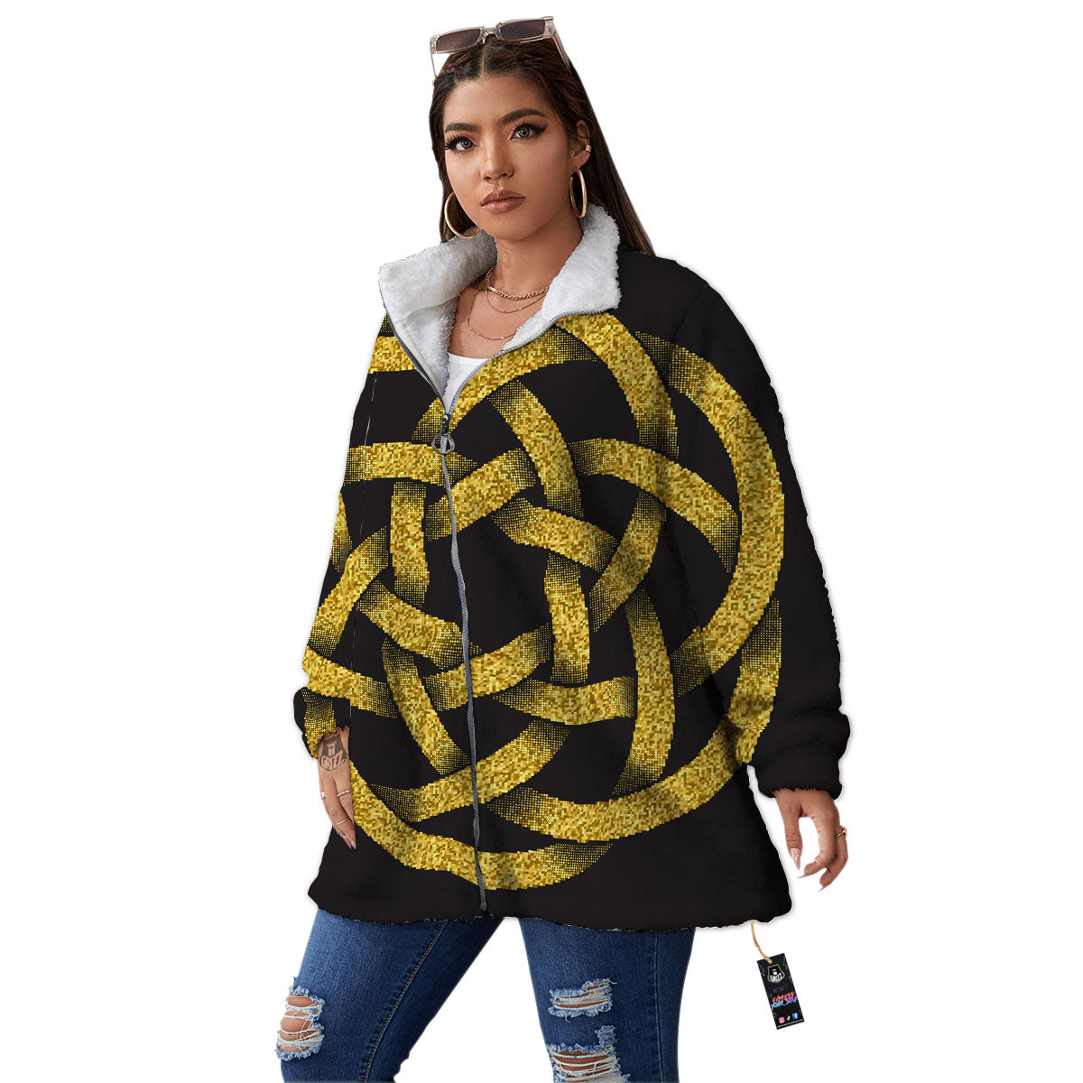 Celtic Knot Symbol Gold Circle Print Women's Sherpa Jacket-grizzshop
