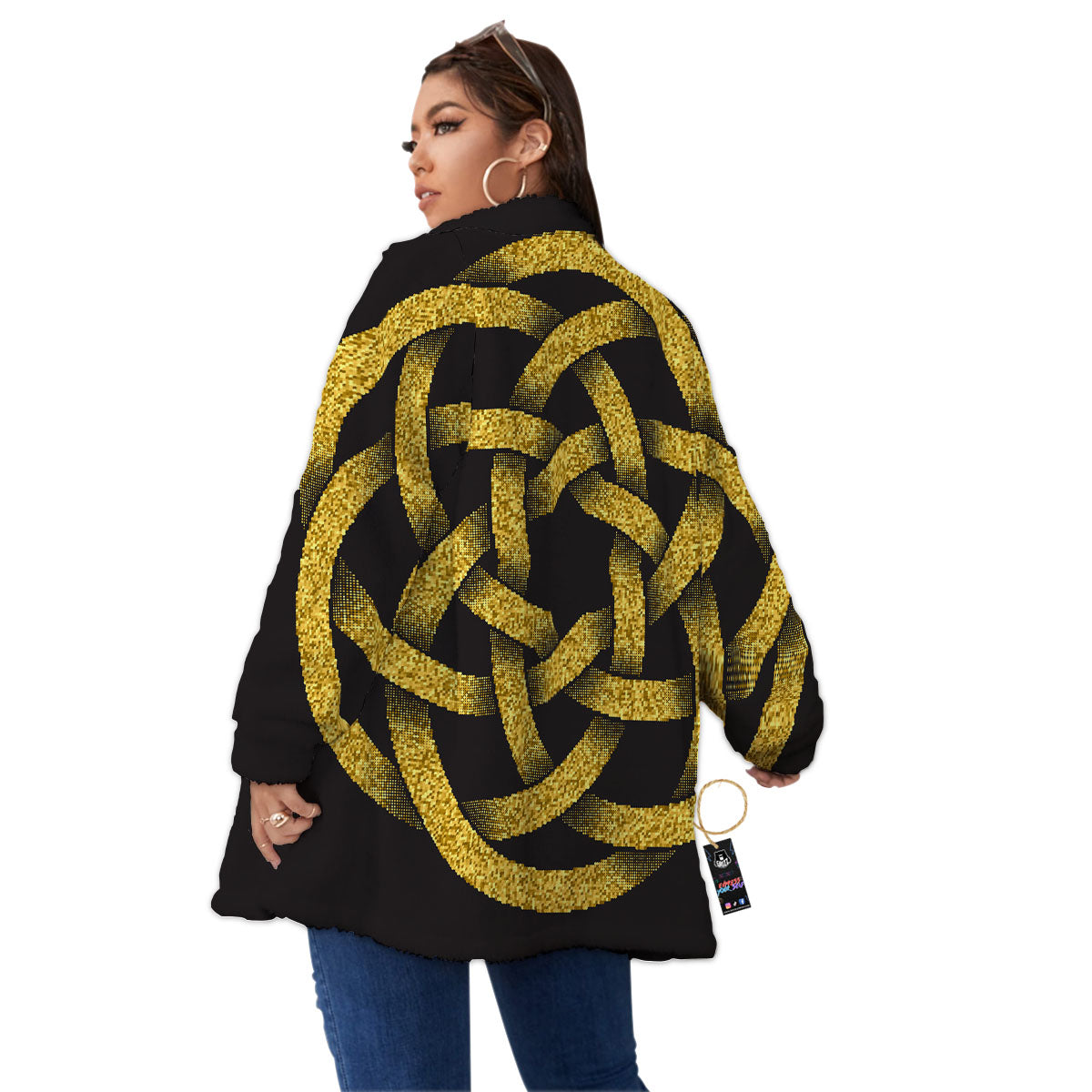 Celtic Knot Symbol Gold Circle Print Women's Sherpa Jacket-grizzshop