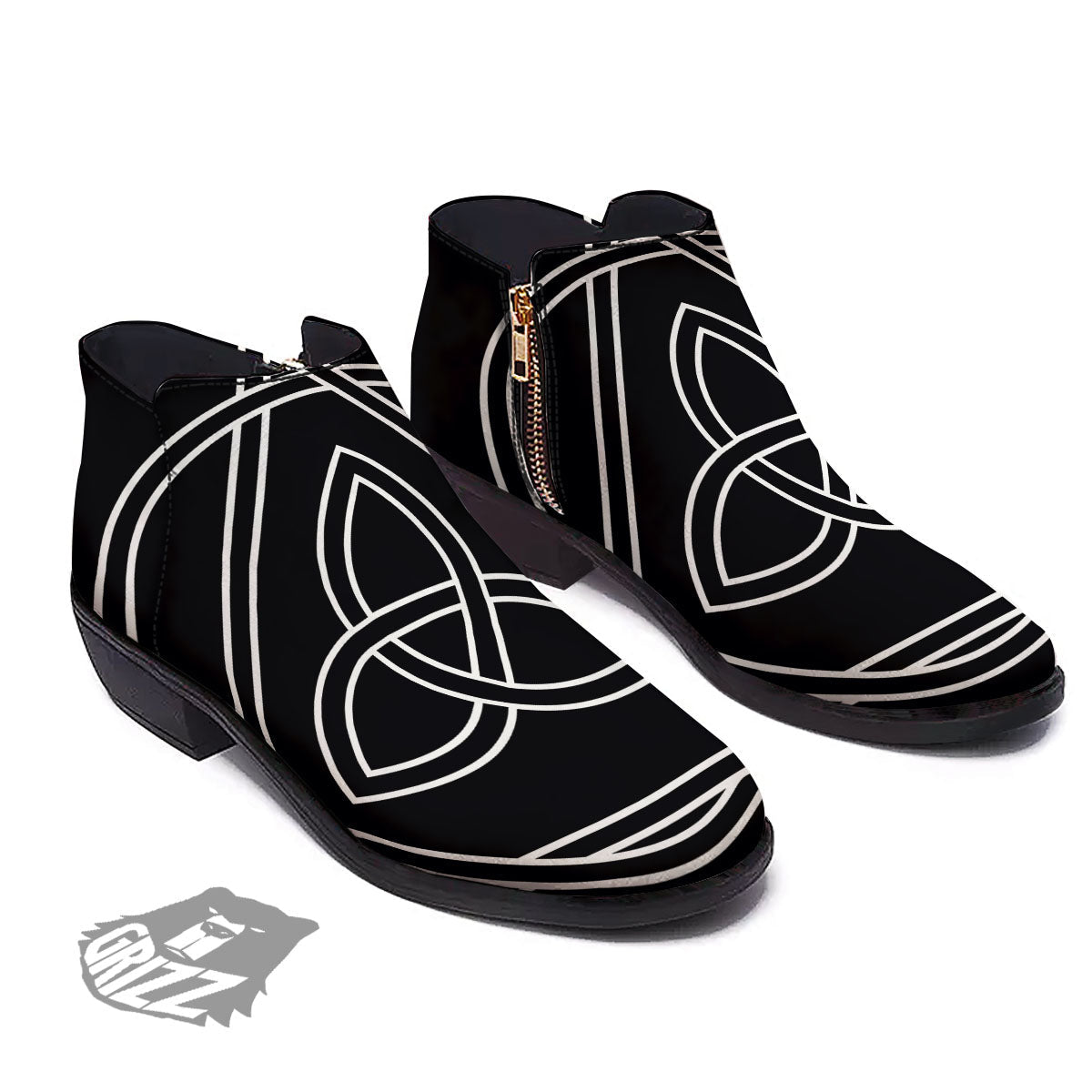 Celtic Knot White And Black Print Ankle Boots-grizzshop