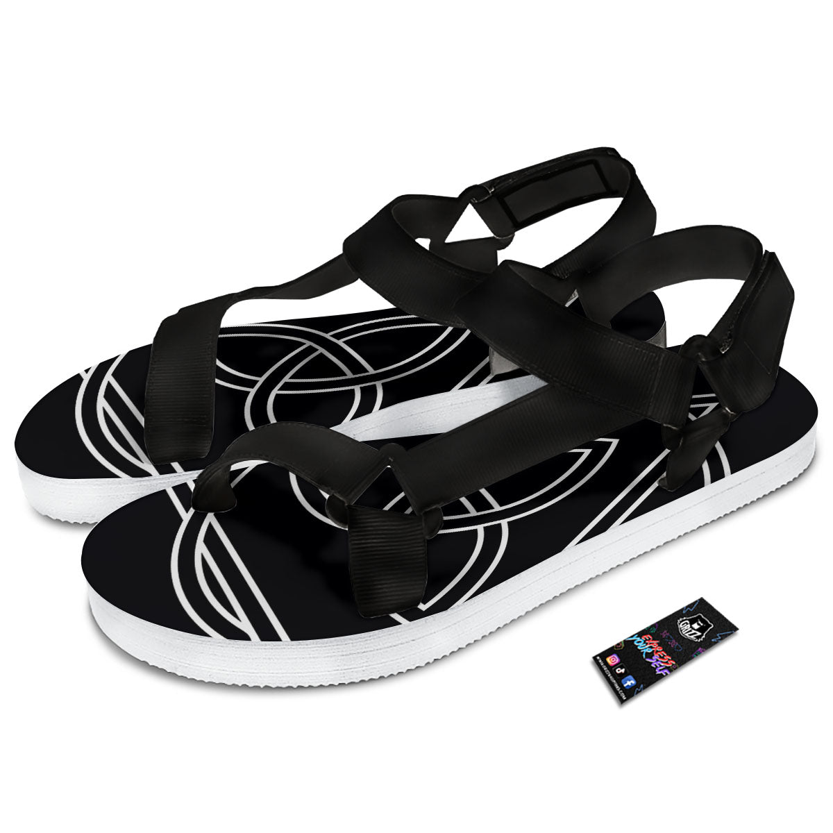 Celtic Knot White And Black Print Black Open Toe Sandals-grizzshop