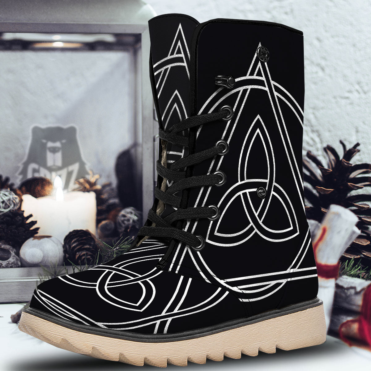 Celtic Knot White And Black Print Snow Boots-grizzshop