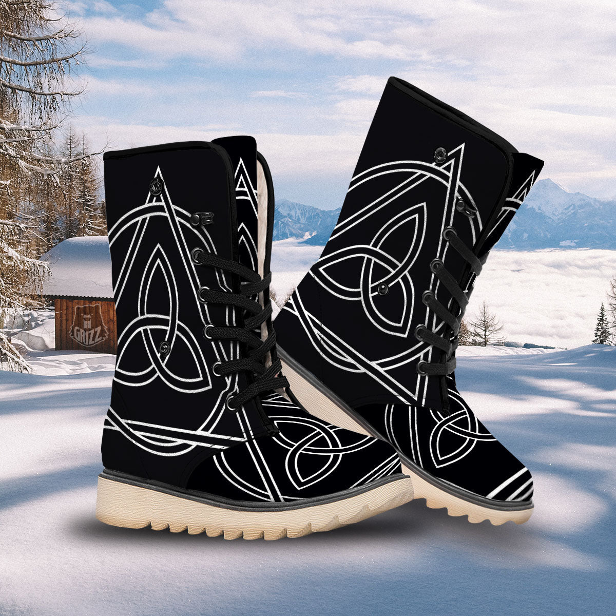Celtic Knot White And Black Print Snow Boots-grizzshop