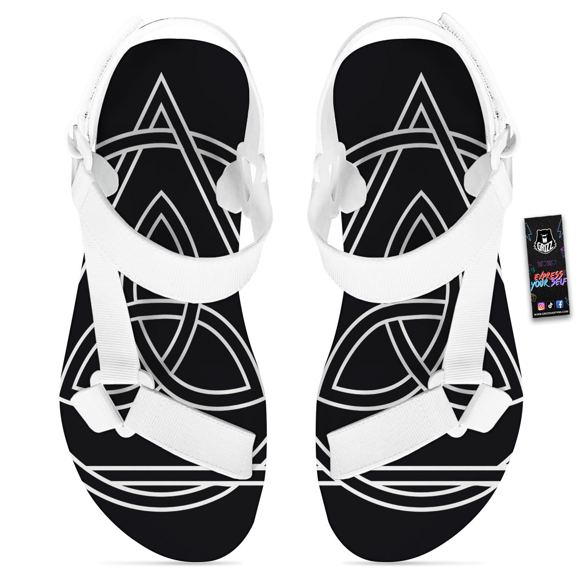 Celtic Knot White And Black Print White Open Toe Sandals-grizzshop
