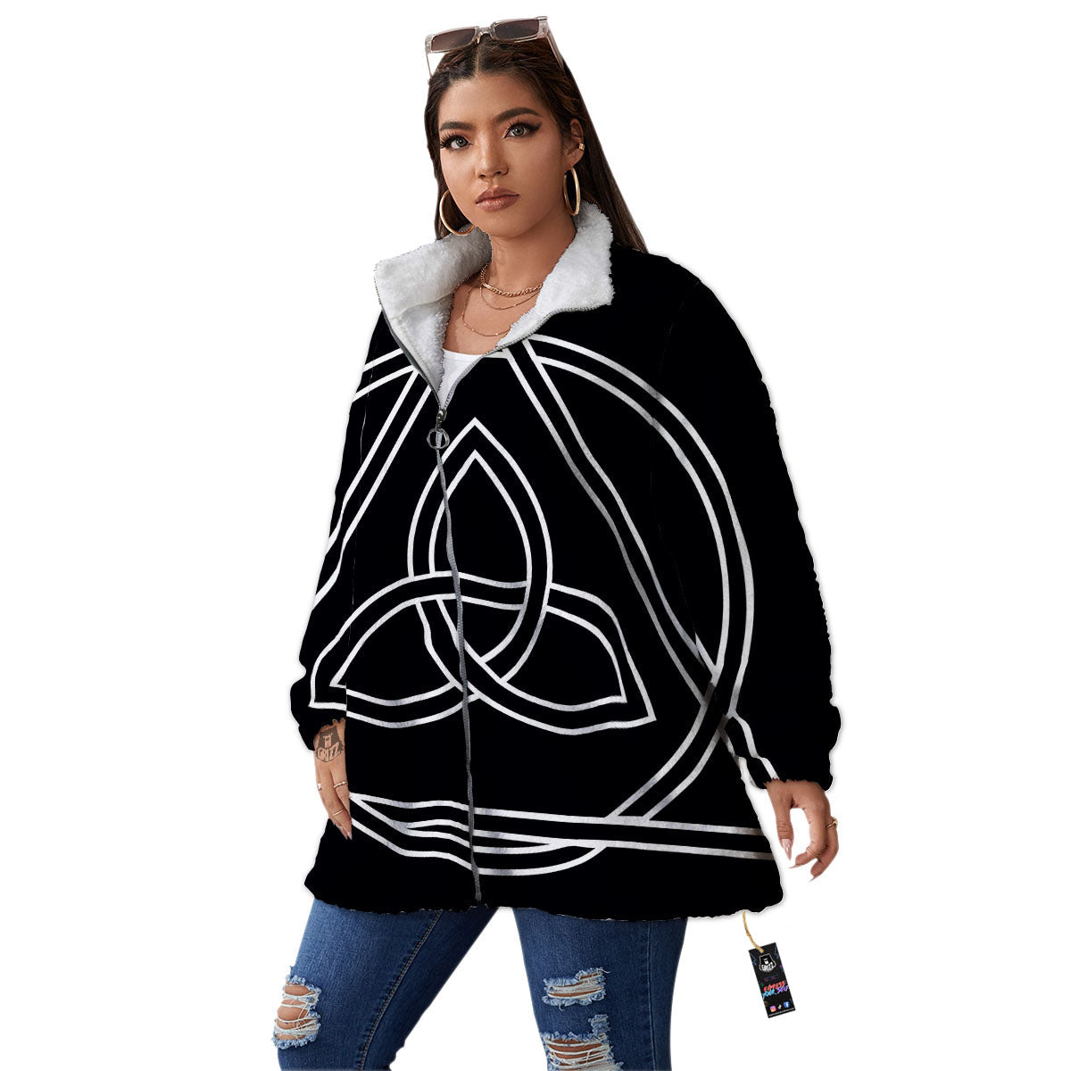 Celtic Knot White And Black Print Women's Sherpa Jacket-grizzshop