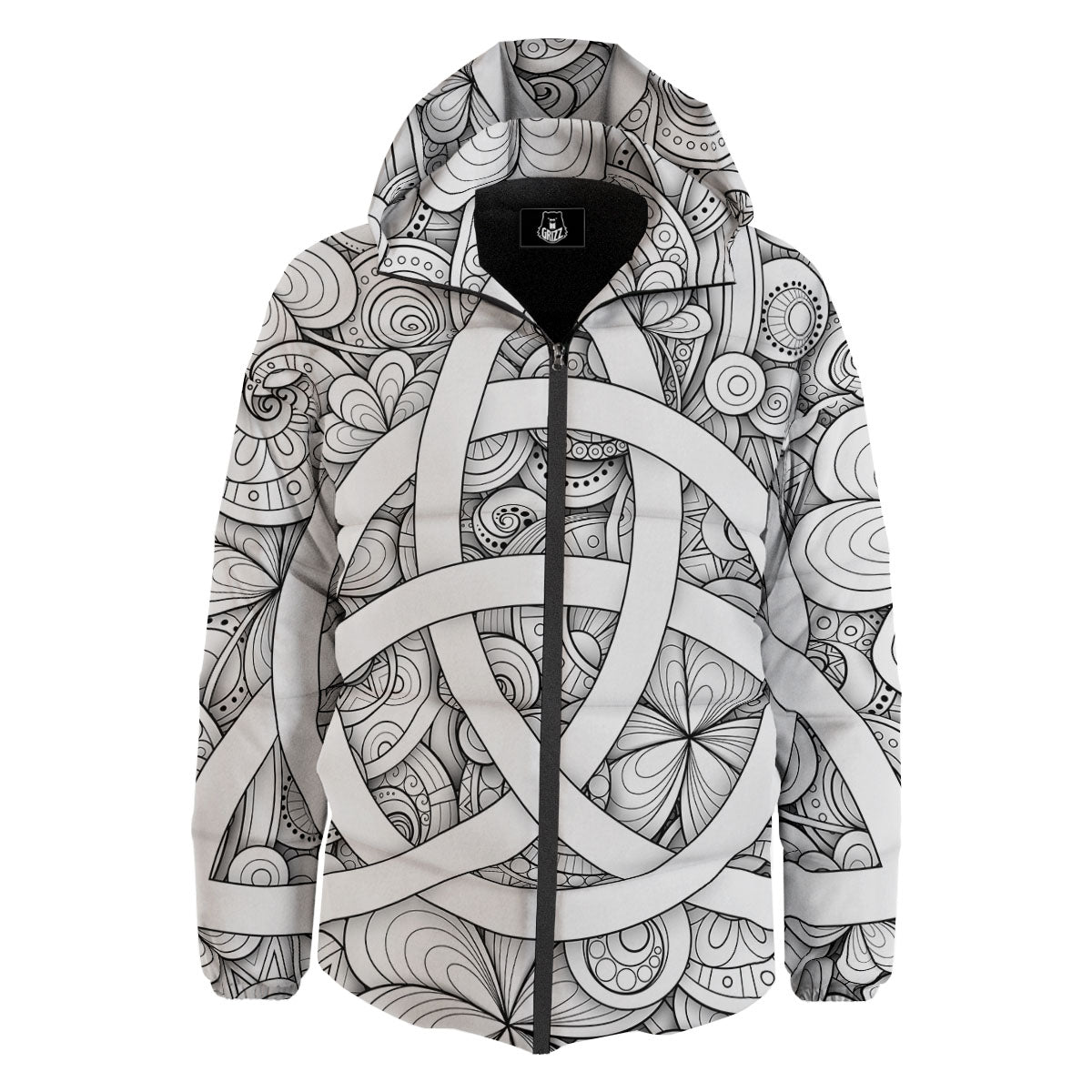 Celtic Trinity Knot White Symbol Print Down Jacket-grizzshop