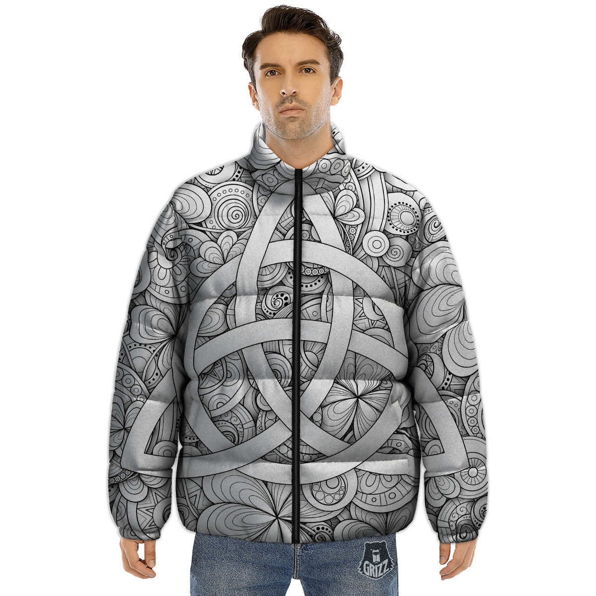 Celtic Trinity Knot White Symbol Print Puffer Jacket-grizzshop