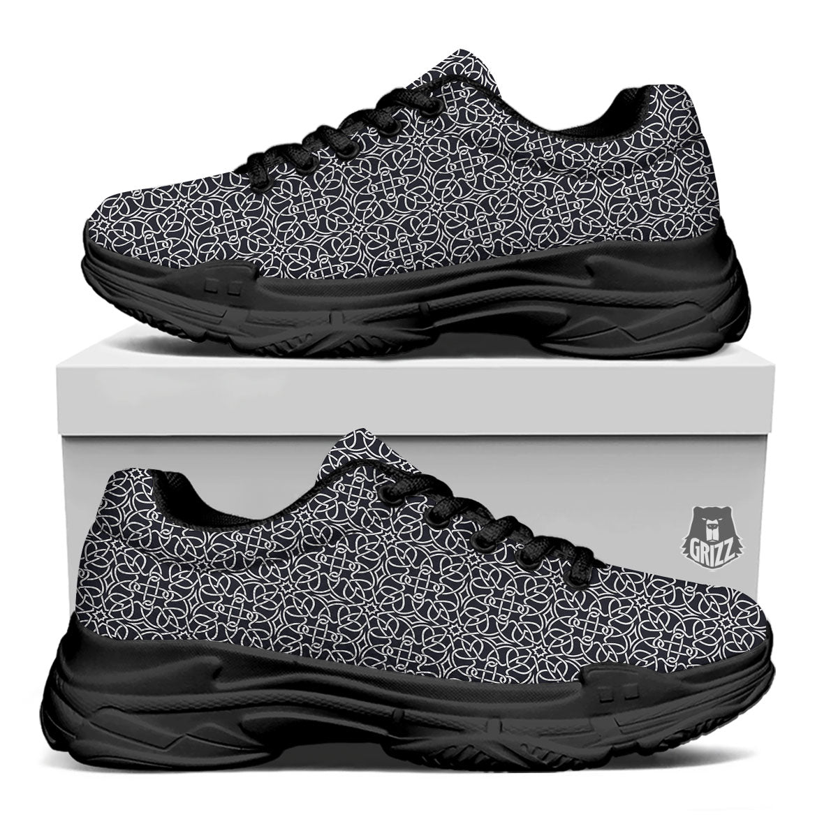 Celtic White And Black Print Pattern Black Chunky Shoes-grizzshop