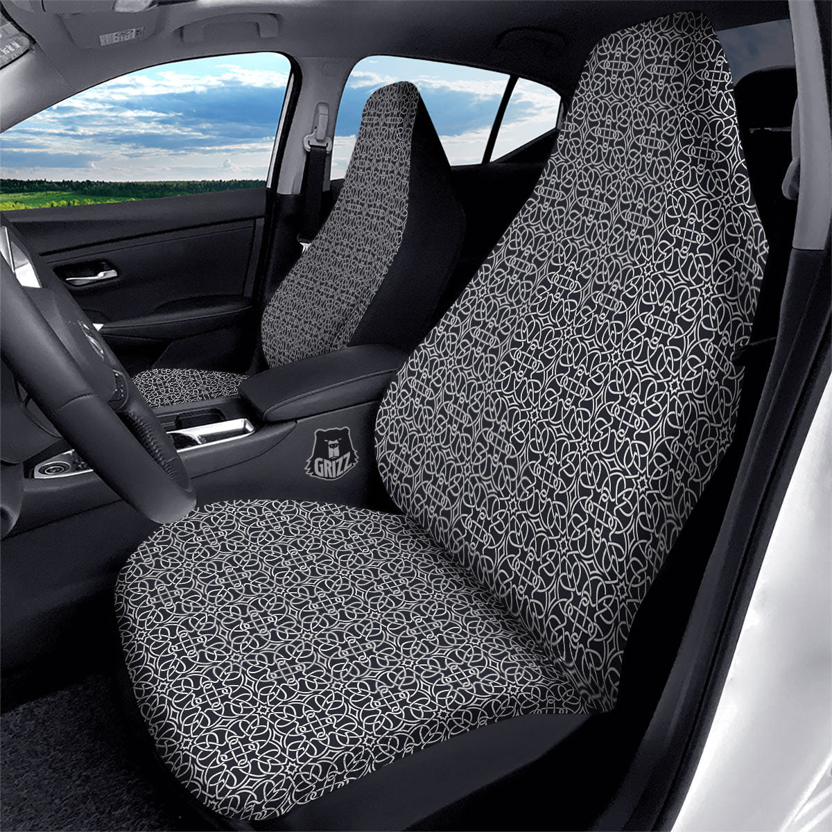 Celtic White And Black Print Pattern Car Seat Covers-grizzshop