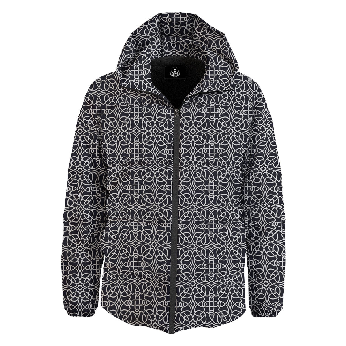 Celtic White And Black Print Pattern Down Jacket-grizzshop