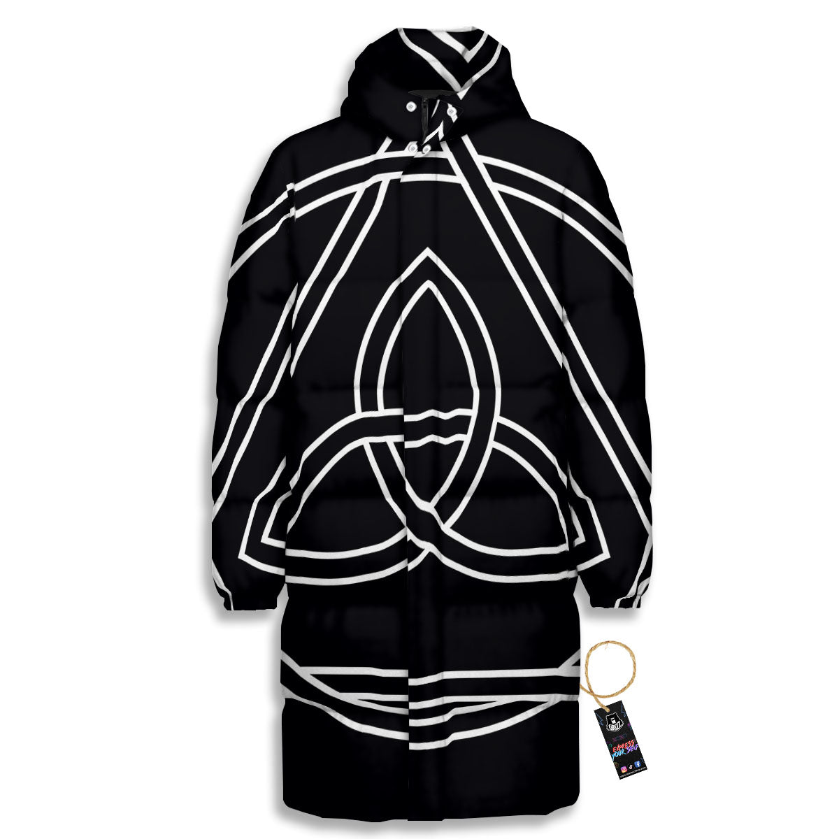 Celtic Knot White And Black Print Long Down Jacket