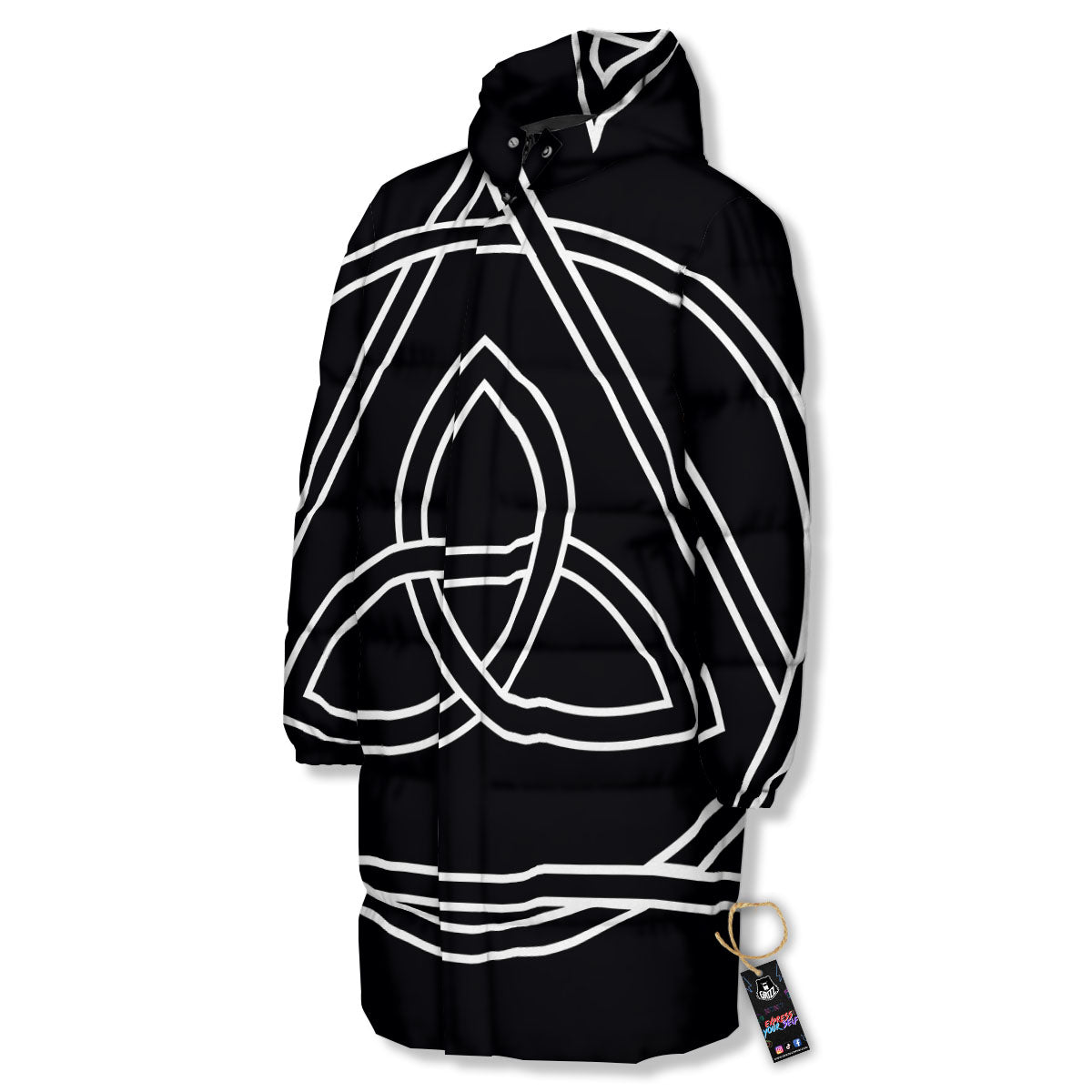 Celtic Knot White And Black Print Long Down Jacket