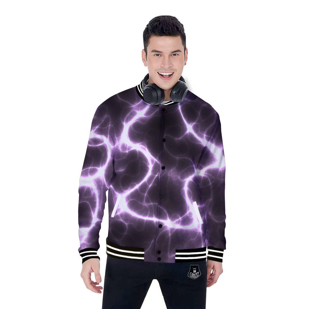Chain Lightning Print Baseball Jacket-grizzshop