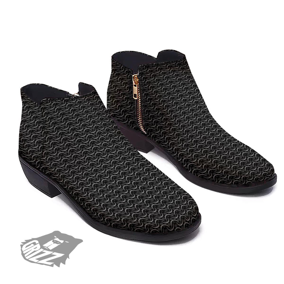 Chainmail Black Print Pattern Ankle Boots-grizzshop
